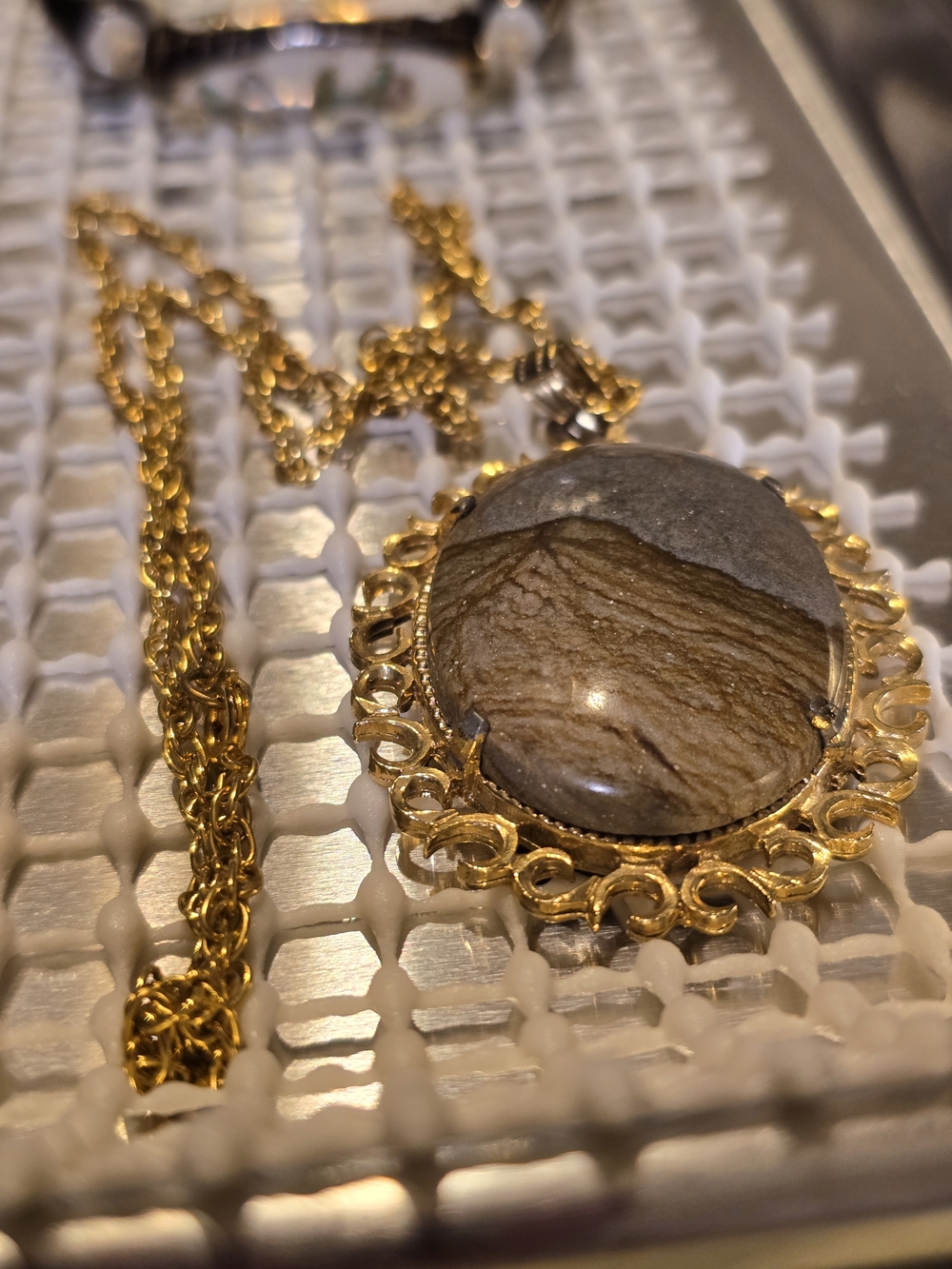 Gold-Trim Earth-Tone Stone Pendant Necklace - Women Jewelry